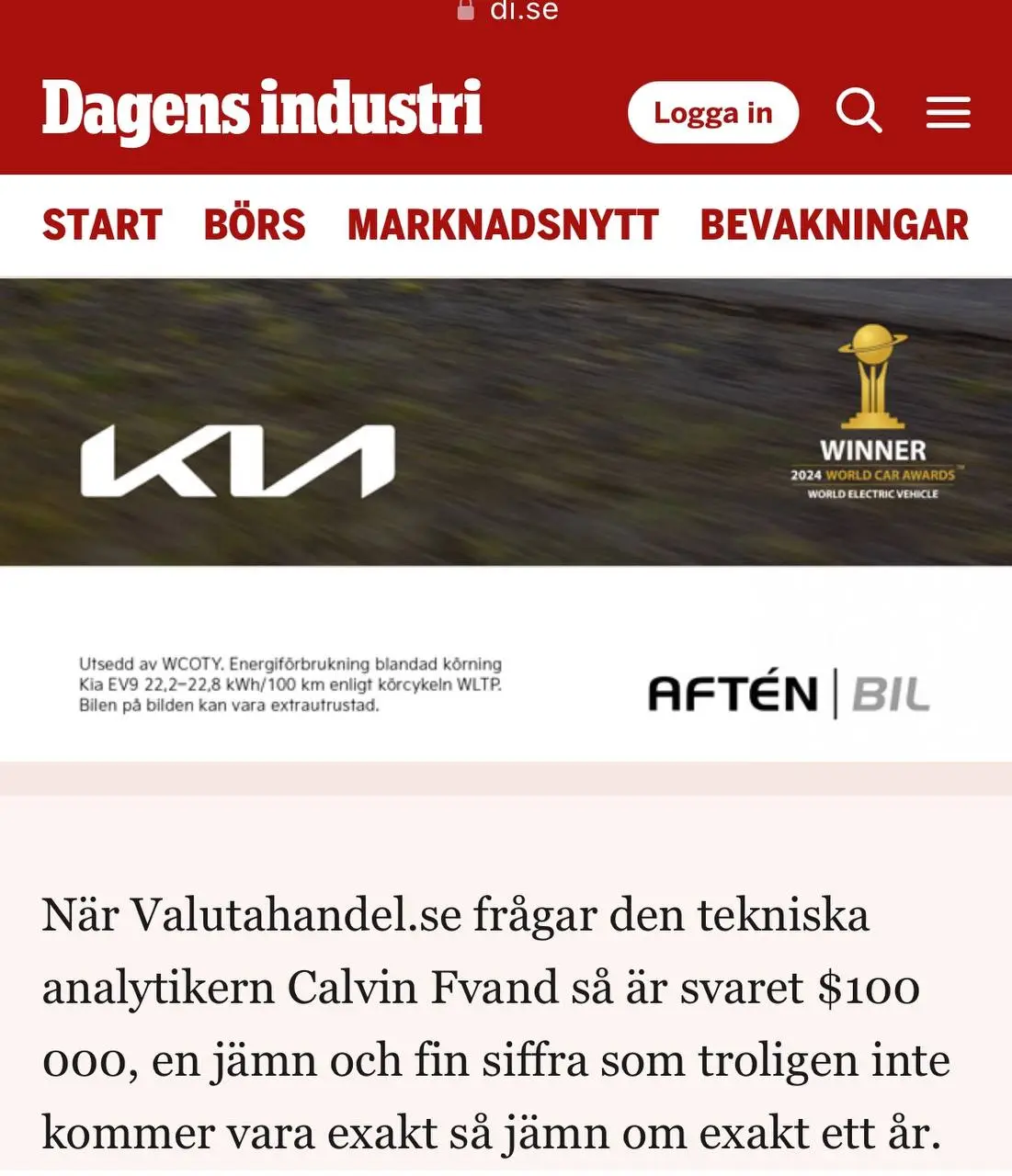 Dagens Industri, Calvin Fvand Bitcoin 100 000